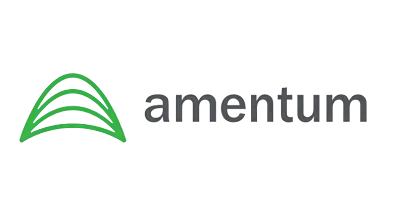 Amentum logo with green curved lines beside the company name in grey text.