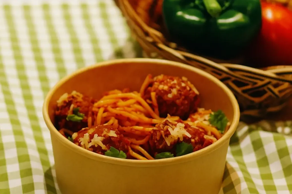 A bowl of pasta with meatballs and herbs served at a South American food stall for the Eat Street Cumbria event.